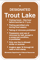 8.02.12A  Designated Trout Lake [list of rules] 12" x 18", white text on brown background, aluminum