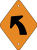 8.04.08G  [left curve symbol]  9" x 12" or 12" x 18", black symbol on yellow or orange background,